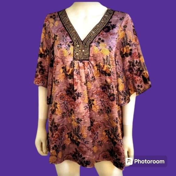 Ny COLLECTION Purple Embellished Satin Asian Floral Blouse - Picture 1 of 9